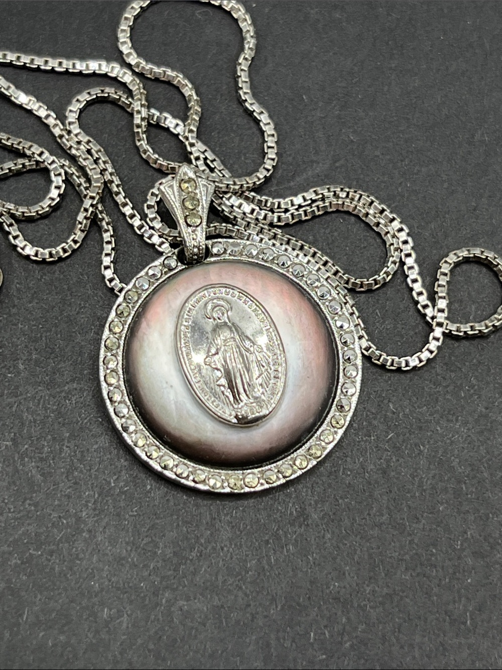 Miraculous Virgin Mary sterling silver pendant on 18 inch sterling silver chain